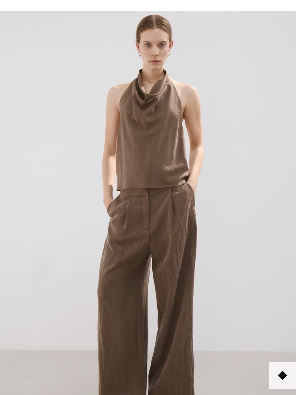 Mango Wide-Leg Brown Pants & Matching Draped Halter Top NWOT